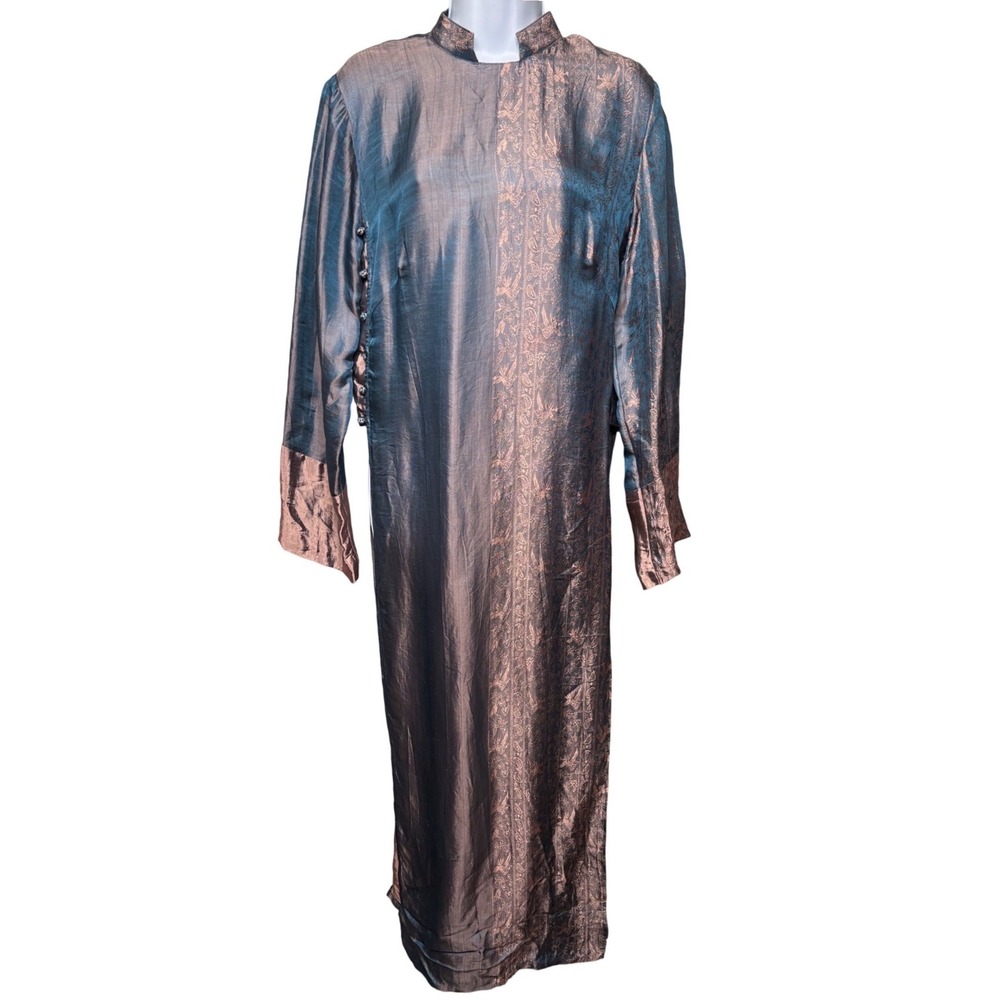 KENLY SILK Blue Bronze Brocade Vietnamese Ao Dai Maxi Dress L Frog Buttons Luxe